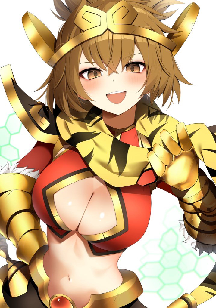 1girl, animal_print, breasts, brown_eyes, brown_hair, cleavage, crop_top, gauntlets
