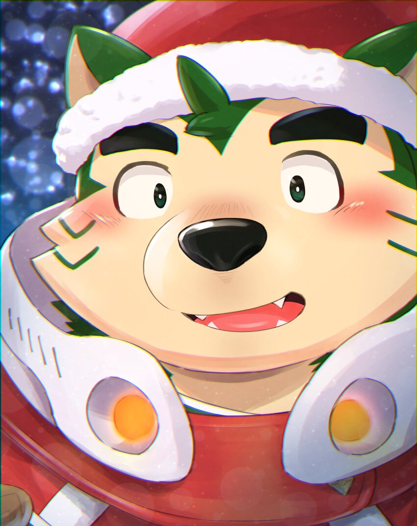 1boy, absurdres, bara, blush, dog_boy, furry, furry_male, green_eyes