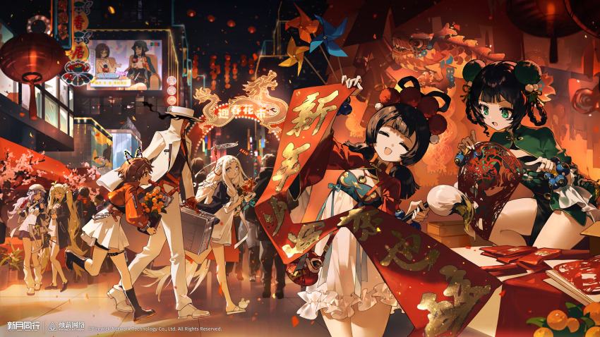 1other, 6+girls, :o, arch, billboard, black_boots, black_coat, blonde_hair