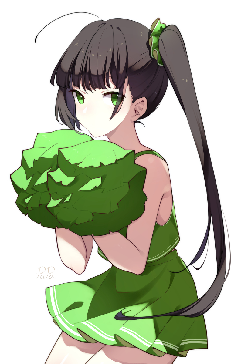 ahoge, alternate_color, bare_shoulders, black_hair, cheerleader, green_eyes, green_pom_poms, green_scrunchie