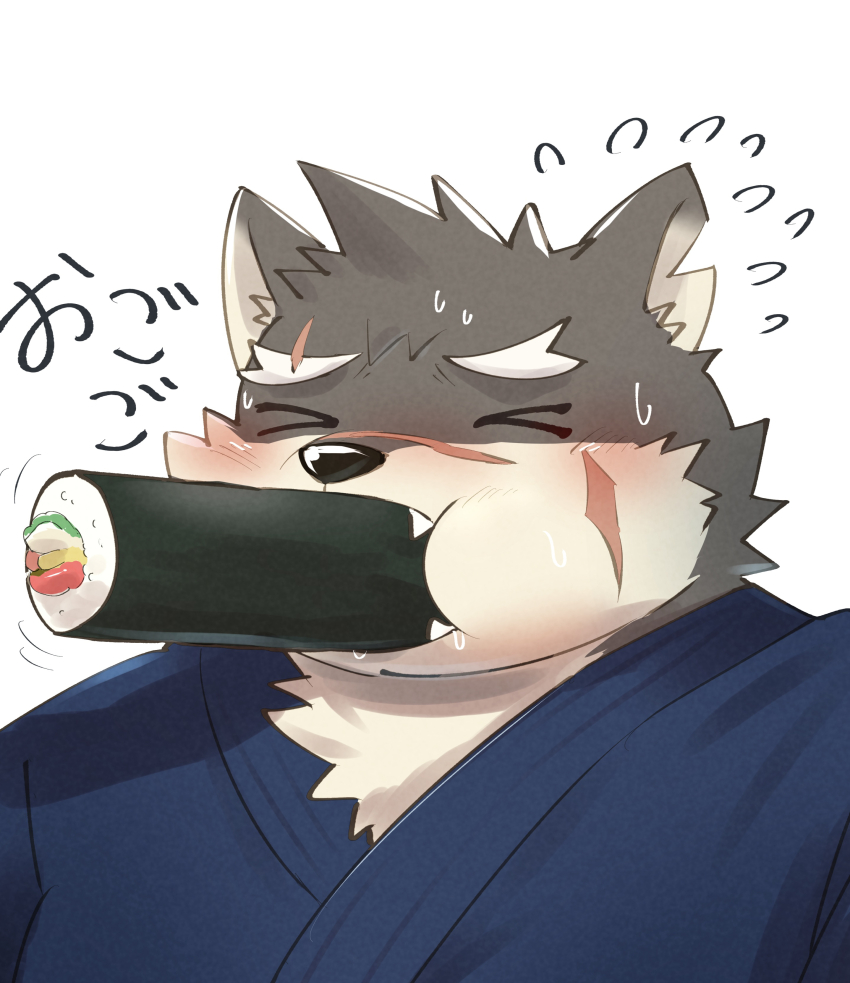 >_<, 1boy, absurdres, bara, blush, ehoumaki, flying_sweatdrops, food, furry, furry_male, highres, japanese_clothes, makizushi, male_focus, moritaka_(housamo), notched_ear, phallic_symbol, scar, scar_on_face, scar_on_nose, solo, sushi, tokyo_houkago_summoners, white_background, zuboboz