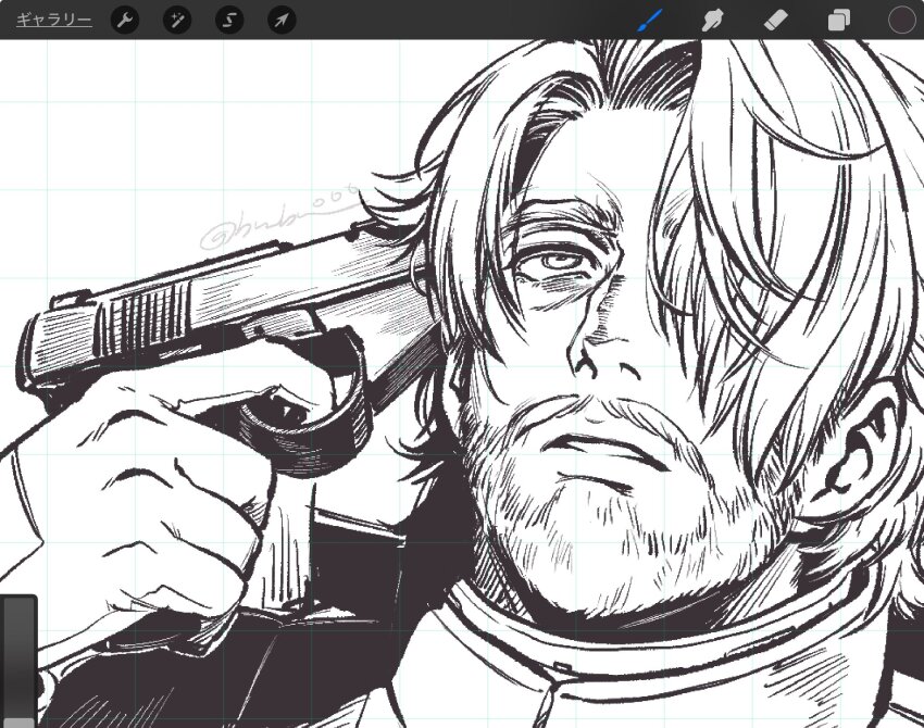 1boy, art_program_in_frame, beard, challia_bull, close-up, facial_hair, grid_background, gun