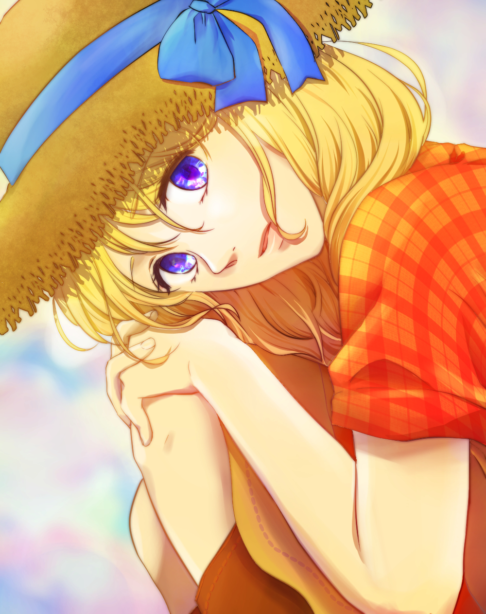 1girl, blonde_hair, blue_background, blue_eyes, blue_ribbon, bokujou_monogatari, bokujou_monogatari:_mittsu_no_sato_no_taisetsuna_tomodachi, boots, brown_boots, brown_dress, curled_up, dress, grey_background, hair_between_eyes, hair_over_shoulder, hands_on_own_knees, hat, hat_ribbon, head_on_hands, head_tilt, highres, interlocked_fingers, knee_boots, long_hair, looking_at_viewer, looking_up, nanami_(bokujou_monogatari), own_hands_together, parted_lips, plaid_clothes, plaid_shirt, pupa115, red_shirt, ribbon, shirt, short_sleeves, solo, sun_hat