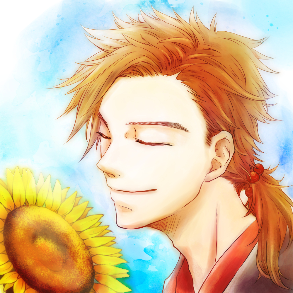 1boy, adam's_apple, blue_background, bokujou_monogatari, bokujou_monogatari:_mittsu_no_sato_no_taisetsuna_tomodachi, brown_hair, closed_eyes, closed_mouth