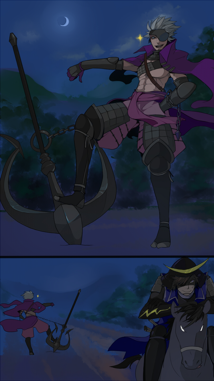 2boys, anger_vein, ann606, armor, chosokabe_motochika_(sengoku_basara), chousokabe_motochika_(sengoku_basara), comic, crescent_moon
