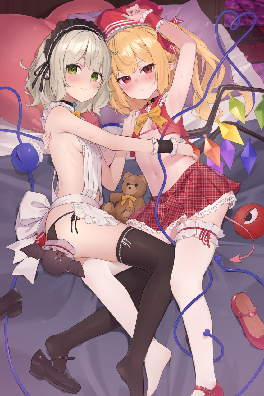 2girls, alternate_costume, apron, arm_up, armpits, bad_source, bare_shoulders, bikini, bikini_bottom_only, black_bikini, black_choker, black_shoes, black_thighhighs, blonde_hair, blush, bow, breasts, choker, closed_mouth, crop_top, flandre_scarlet, frilled_skirt, frilled_thighhighs, frills, full_body, green_eyes, green_hair, hand_on_another's_shoulder, hand_on_another's_stomach, hat, heart, heart-shaped_pillow, heart_of_string, highres, kanpa_(campagne_9), komeiji_koishi, komeiji_satori, long_hair, looking_at_viewer, lying, maid_headdress, mary_janes, miniskirt, multiple_girls, navel, on_bed, on_side, pillow, plaid_clothes, plaid_skirt, pleated_skirt, pointy_ears, red_bikini, red_eyes, red_hat, red_shirt, red_shoes, red_skirt, remilia_scarlet, ribbon-trimmed_thighhighs, ribbon_trim, second-party_source, shirt, shoes, short_hair, sideboob, skirt, sleeveless, sleeveless_shirt, small_breasts, stomach, stuffed_animal, stuffed_bat, stuffed_toy, swimsuit, teddy_bear, thighhighs, third_eye, touhou, unworn_shoes, white_apron, white_thighhighs, wings, wrist_cuffs, yellow_bow