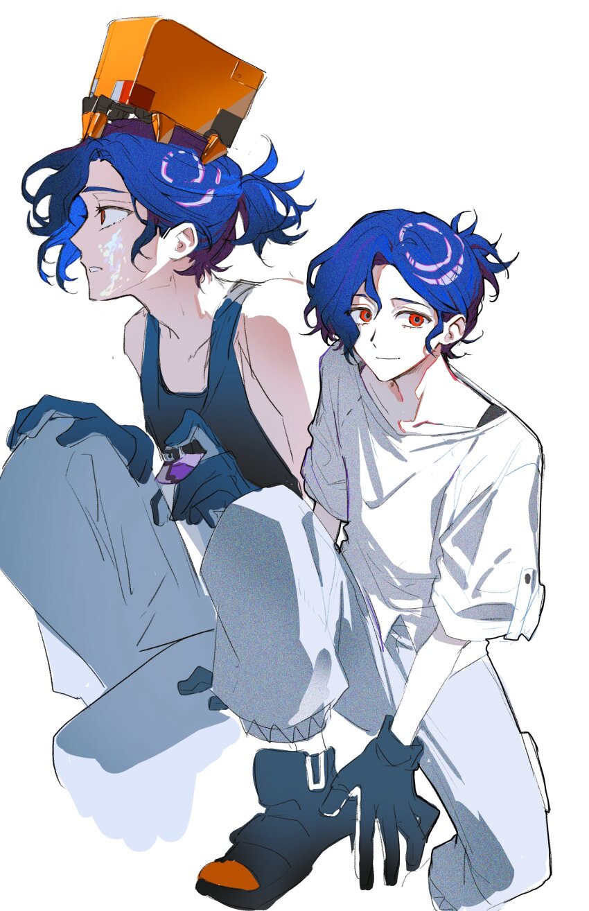 1boy, absurdres, blue_hair, boots, colored_inner_hair, conch_(gundam), fei_00714, gloves, gundam, gundam_gquuuuuux, highres, holding, holding_spray_can, looking_at_viewer, lower_eyelashes_only, male_focus, multicolored_hair, multiple_views, non-humanoid_robot, paint_splatter, paint_splatter_on_face, pants, ponytail, profile, purple_hair, red_eyes, robot, shirt, short_hair, shuji_ito, simple_background, sleeveless, smile, solo_focus, spray_can, tank_top, two-tone_hair, white_background, white_shirt