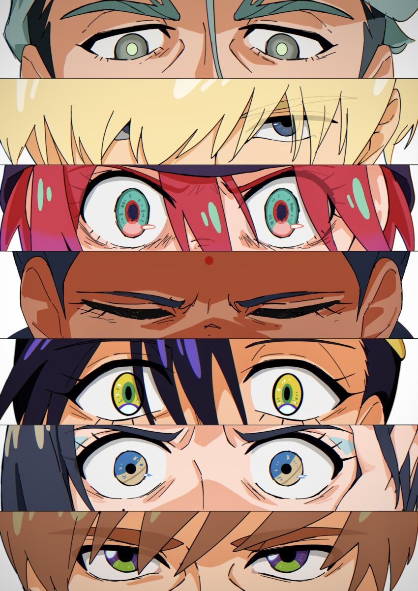 3boys, 4girls, amate_yuzuriha, aqua_eyes, black_hair, blonde_hair, brown_hair, challia_bull, char_aznable, commentary_request, comoli_harcourt, dark-skinned_female, dark_skin, green_eyes, green_hair, gundam, gundam_gquuuuuux, hands_on_own_face, hat, highres, lalah_sune, long_hair, looking_at_viewer, mole, mole_under_eye, multiple_boys, multiple_girls, nyaan_(gundam_gquuuuuux), red_hair, shirouzu_(gundam), short_hair, xavier_olivette, yellow_eyes, yy_shibata