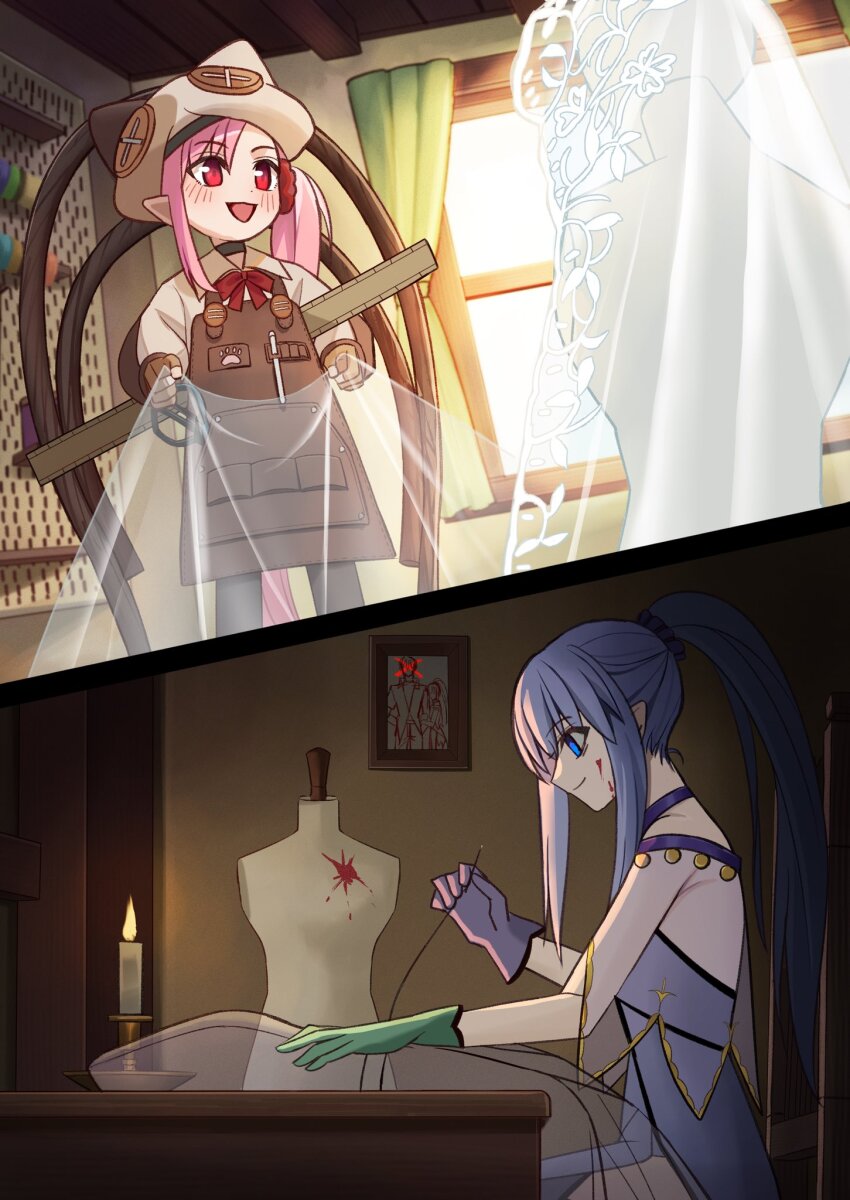 2girls, apron, asymmetrical_gloves, beret, blood, blood_on_face, blue_eyes, blue_hair, bridal_veil, brown_apron, candle, commission, crazy_smile, crossed_out, dress, empty_eyes, fate/grand_order, fate_(series), fingerless_gloves, gloves, habetrot_(blessed_bride)_(fate), habetrot_(fate), hat, highres, long_hair, medea_(fate), medea_lily_(fate), mismatched_gloves, multiple_girls, pink_hair, pointy_ears, ponytail, red_eyes, ruler, second-party_source, sewing, shintyoi2, side_ponytail, skeb_commission, smile, veil, wedding_dress
