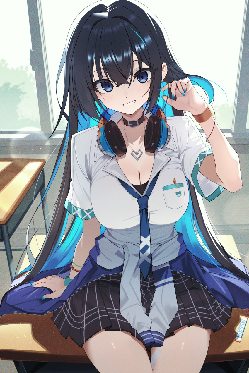 1girl, absurdres, arm_support, bandaid_on_thigh, bead_bracelet, beads, black_choker, black_hair