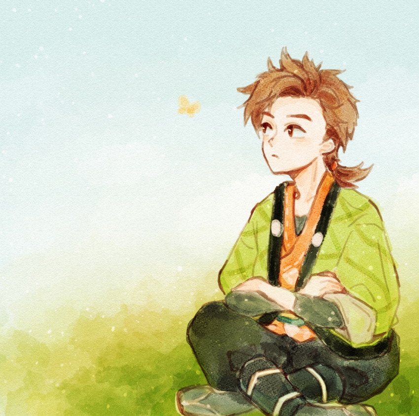 1boy, black_hakama, black_shirt, blue_sky, bokujou_monogatari, bokujou_monogatari:_mittsu_no_sato_no_taisetsuna_tomodachi, brown_eyes, brown_hair