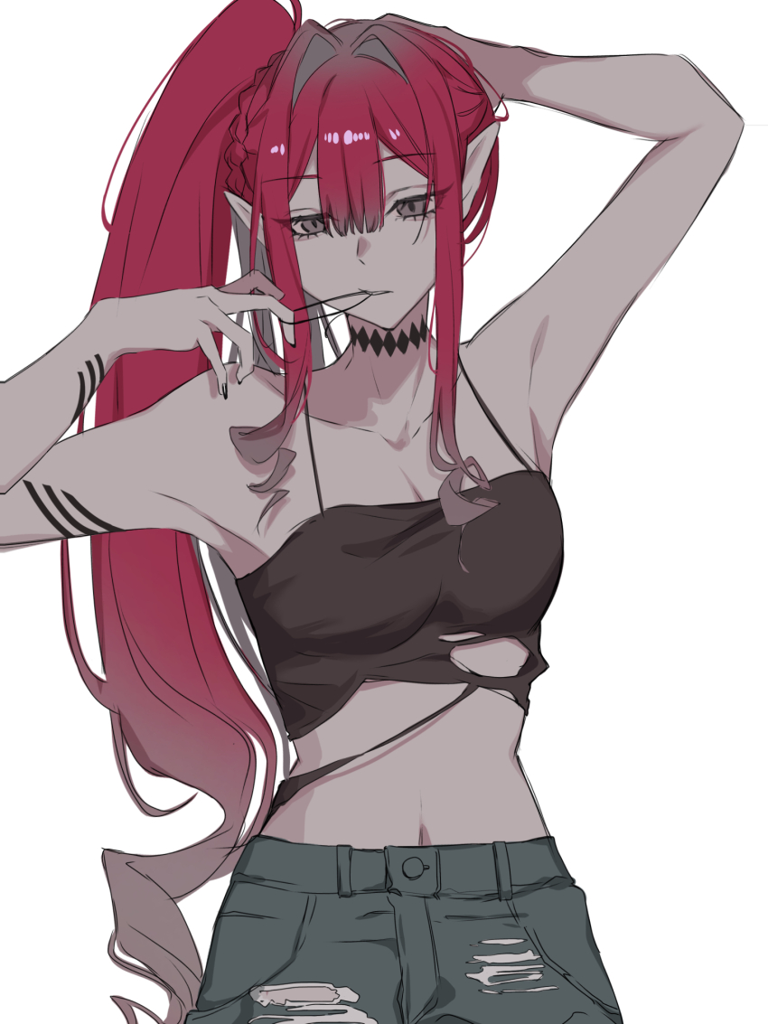 1girl, 590kogure590, arms_up, baobhan_sith_(fate), bare_shoulders, black_camisole, breasts, camisole, choker, cleavage, collarbone, earrings, fate/grand_order, fate_(series), grey_eyes, grey_pants, highres, jewelry, large_breasts, long_hair, midriff, navel, pants, pink_hair, pointy_ears, side_ponytail, sidelocks, solo