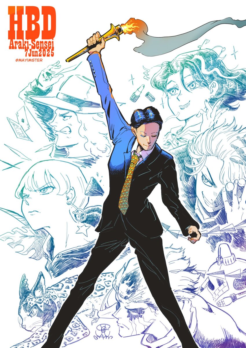 1girl, 5boys, araki_hirohiko_(person), arm_up, baoh, baoh_raihousha, birthmark, black_hair