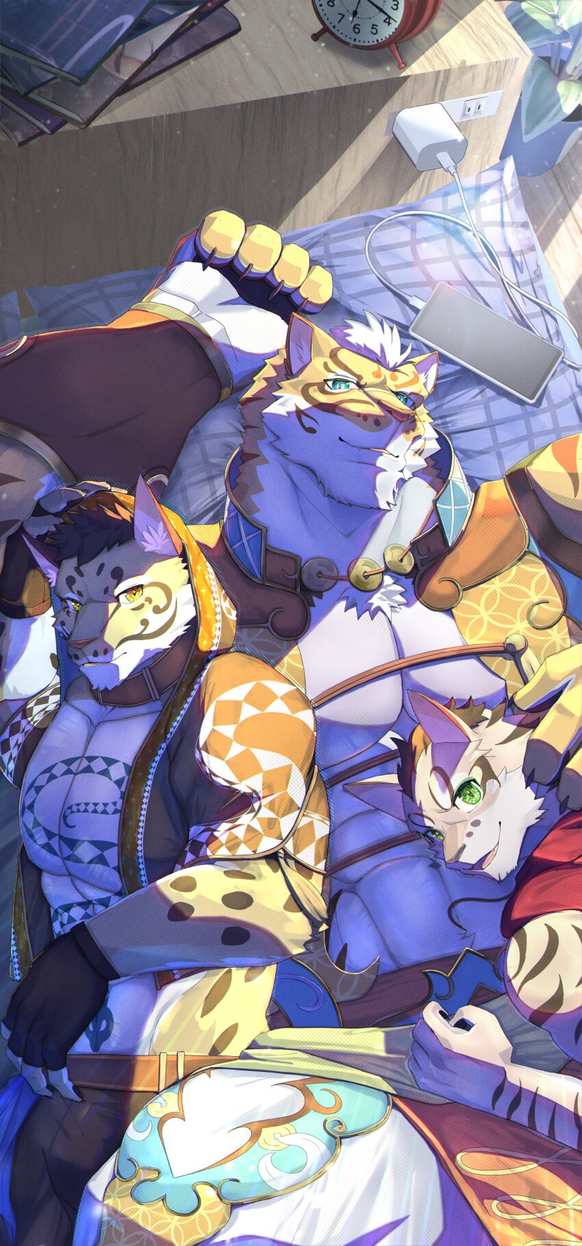 3boys, absurdres, bara, bare_pectorals, bedroom, cellphone, charging_device, claws, furry, furry_male, green_eyes, highres, indoors, light_particles, likulau_(nekojishi), lin_hu_(nekojishi), lying, male_focus, multiple_boys, nana_(n_na7), nekojishi, on_back, parted_lips, pectorals, phone, plant, potted_plant, shu_chi_(nekojishi), smartphone, snake_tattoo, tattoo, tiger_boy, yaoi, yellow_eyes