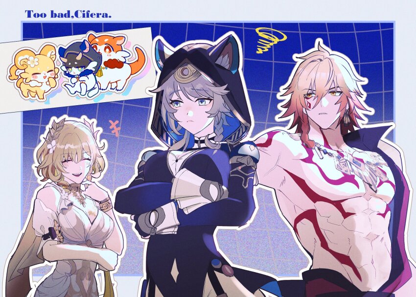 +++, 1boy, 2girls, aglaea_(honkai:_star_rail), aglaea_(oatmeal)_(honkai:_star_rail), animal_ears, animal_hood, armored_gloves