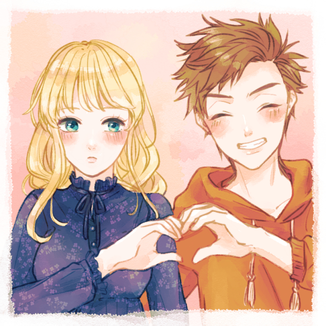 1boy, 1girl, alternate_costume, blonde_hair, blue_eyes, blue_shirt, blush, bokujou_monogatari