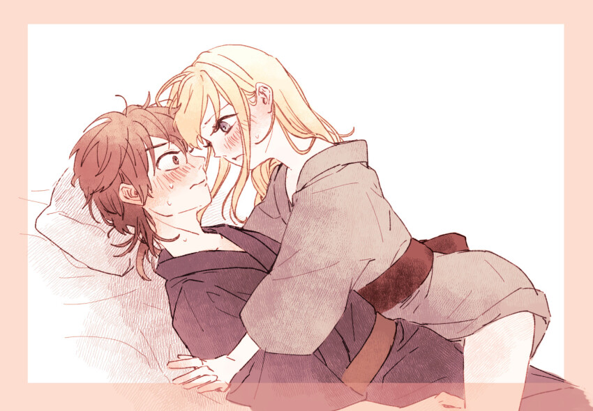 1boy, 1girl, black_kimono, blonde_hair, blue_eyes, blush, bokujou_monogatari, bokujou_monogatari:_mittsu_no_sato_no_taisetsuna_tomodachi