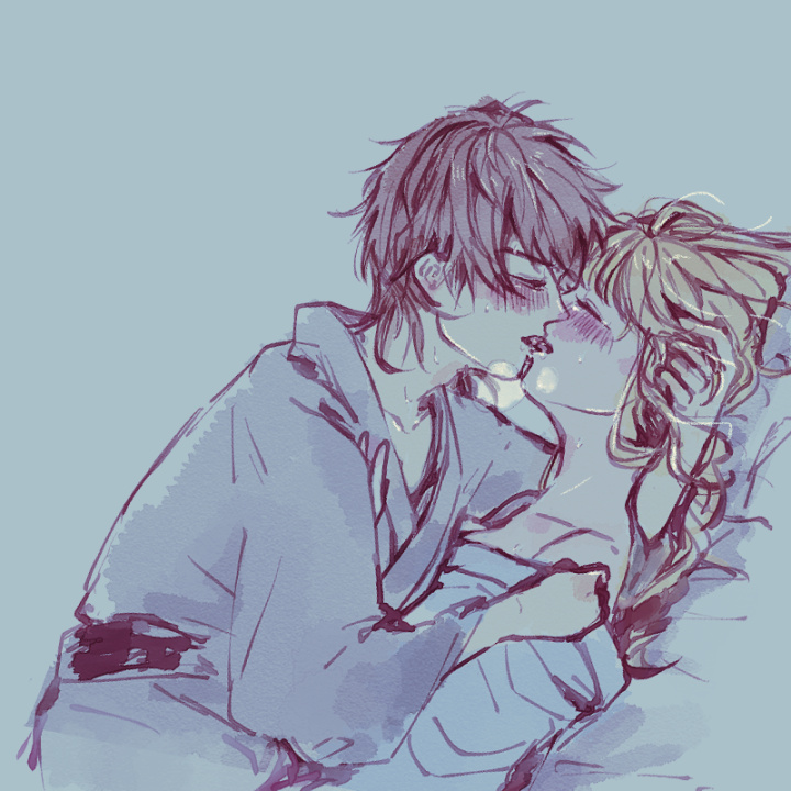 1boy, 1girl, adam's_apple, blonde_hair, blue_background, blush, bokujou_monogatari, bokujou_monogatari:_mittsu_no_sato_no_taisetsuna_tomodachi, brown_hair, collarbone, couple, dutch_angle, french_kiss, hand_in_another's_hair, hetero, hinata_(bokujou_monogatari), japanese_clothes, kimono, kimono_pull, kiss, lying, lying_on_person, nanami_(bokujou_monogatari), obi, off_shoulder, on_back, on_bed, puff_of_air, raised_eyebrows, salad726, saliva, sash, simple_background, sweat, thick_eyebrows, tongue, tongue_out, wavy_hair, yukata