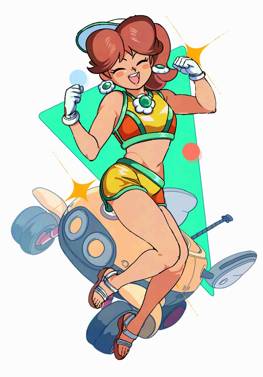 1girl, ^_^, baseball_cap, biddybuggy, bikini, bikini_shorts, brown_hair, closed_eyes