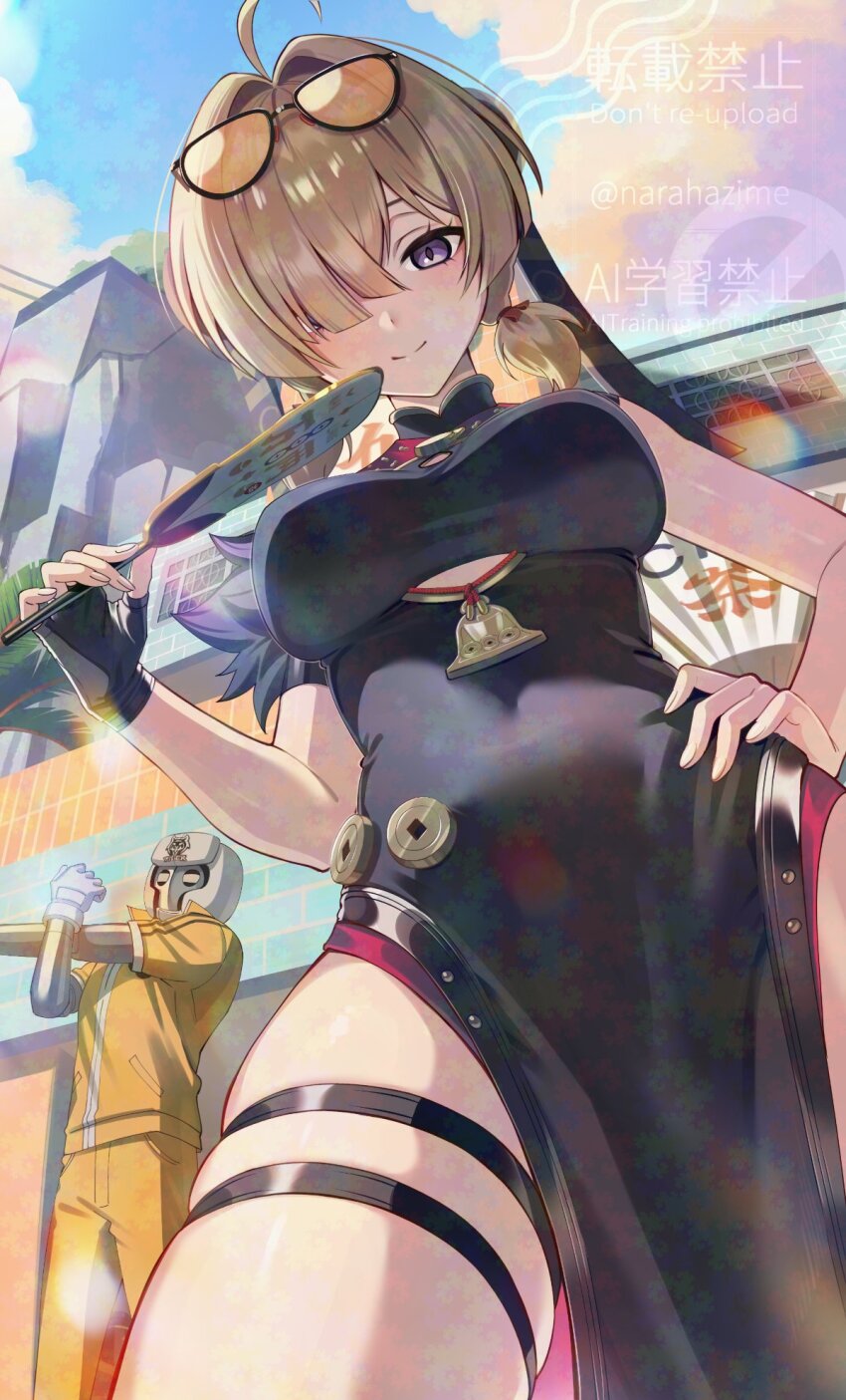 1girl, adversarial_noise, ahoge, black_dress, black_gloves, breasts, brown_hair, china_dress, chinese_clothes, clothing_cutout, cloud, commentary_request, covered_navel, day, dress, eyewear_on_head, fingerless_gloves, gloves, hair_intakes, hair_over_one_eye, hand_fan, hand_on_own_hip, highres, holding, holding_fan, jacket, looking_at_viewer, looking_down, medium_breasts, narahazime, outdoors, pants, pelvic_curtain, purple_eyes, robot, single_glove, sky, sleeveless, sleeveless_dress, smile, solo_focus, stretching, sweety_(zenless_zone_zero), thigh_strap, tinted_eyewear, track_jacket, track_pants, tuanshan, watermark, yellow-tinted_eyewear, yellow_jacket, yellow_pants, zenless_zone_zero