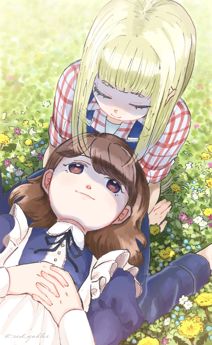 2girls, apron, blonde_hair, blue_dress, blue_flower, blue_overalls, blunt_bangs, bob_cut