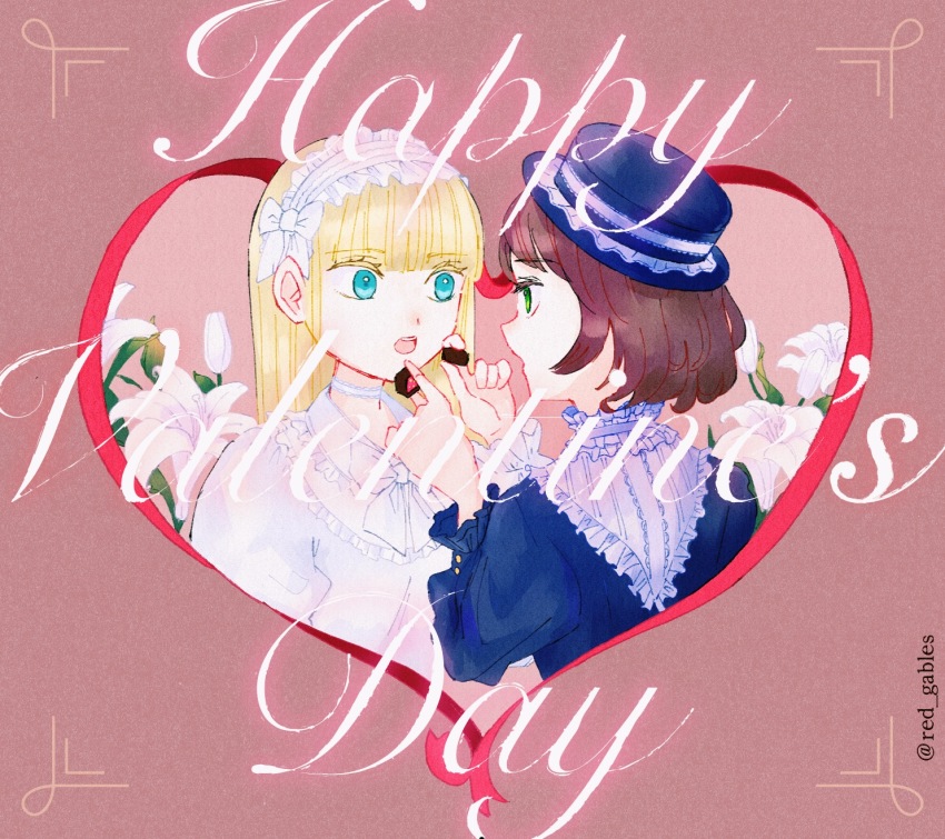 2girls, alternate_costume, aristocratic_clothes, bib_collar, blonde_hair, blue_eyes, blue_hat, blue_shirt