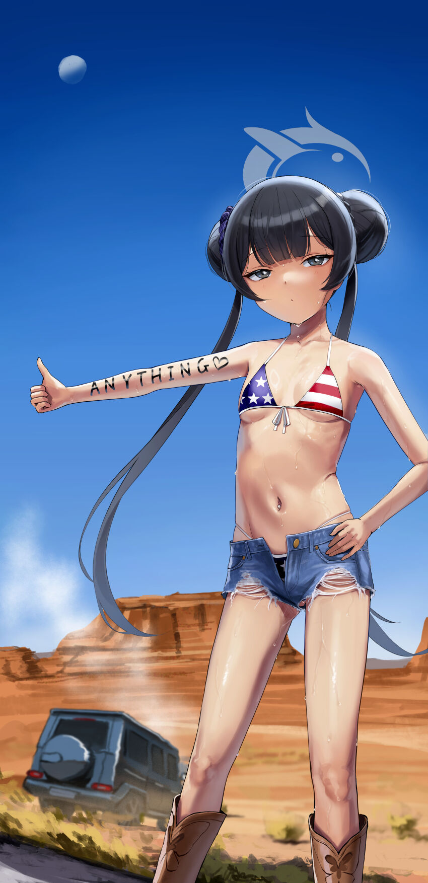 1girl, absurdres, alternate_costume, american_flag, american_flag_bikini, american_flag_print, bare_shoulders, bikini