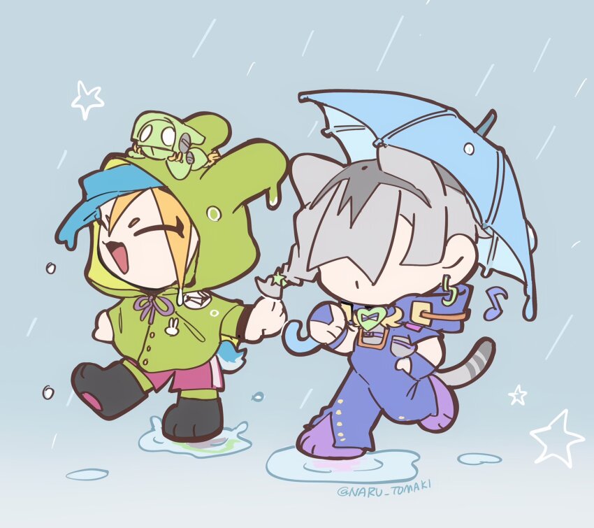 1other, 2boys, animal_ears, animal_hood, black_boots, blonde_hair, blue_bridal_gauntlets, blue_hat