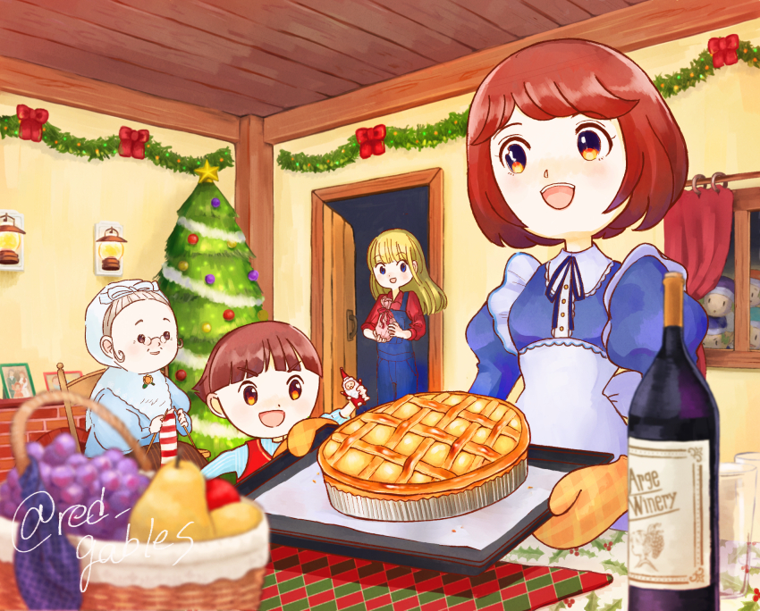 1boy, 3girls, :d, apron, back_bow, basket, blonde_hair, blue_dress