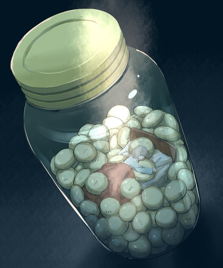 1girl, absurdres, avogado6, bed_frame, black_background, blanket, bottle, closed_eyes