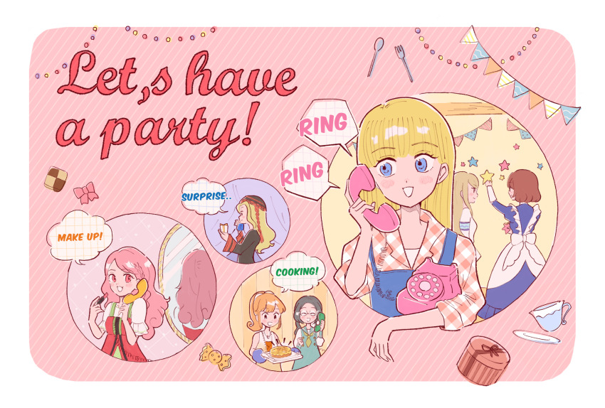 6+girls, :d, antique_phone, apron, back_bow, black_hair, black_hat, black_shirt