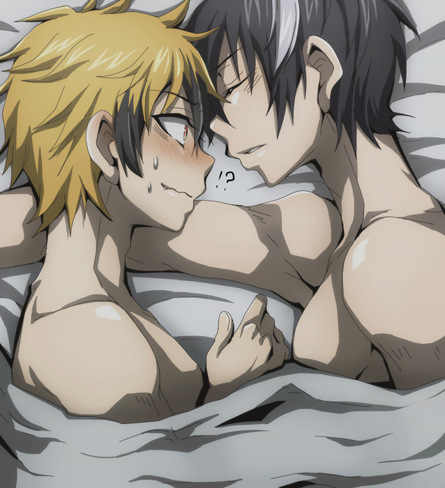 !?, 2boys, black_hair, blonde_hair, blush, closed_eyes, lawless_(servamp), licht_jekylland_todoroki, male_focus, multicolored_hair, multiple_boys, nitoni, red_eyes, servamp, short_hair, tears, topless_male, two-tone_hair, white_hair, yaoi