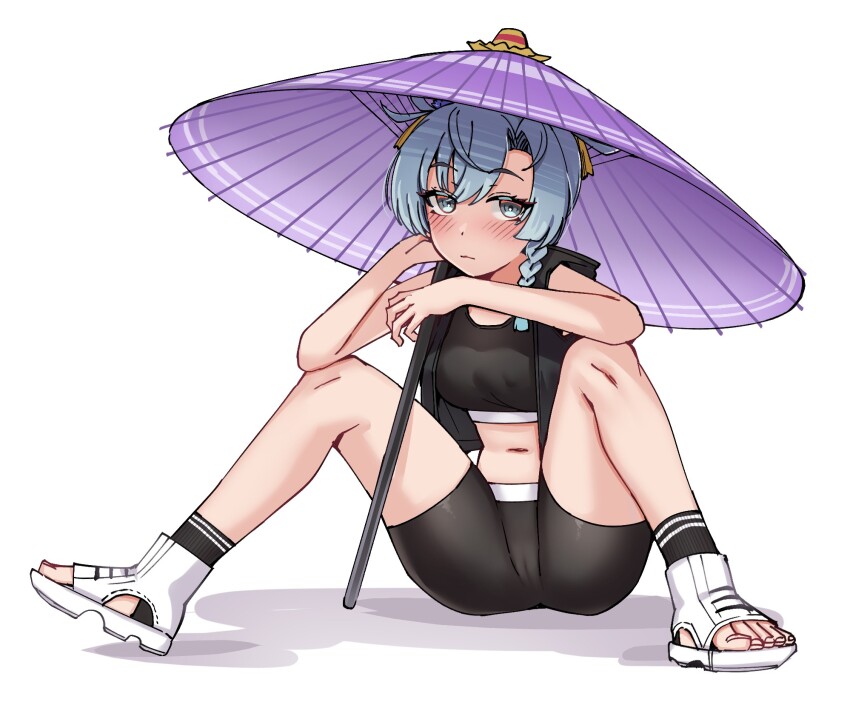 1girl, bike_shorts, black_shirt, blue_eyes, blue_hair, blush, braid, cameltoe, commentary_request, elbows_on_knees, highres, hooded_shirt, kantai_collection, kiritto, looking_at_viewer, navel, official_alternate_costume, oil-paper_umbrella, open-toe_shoes, purple_umbrella, shimane_maru_(kancolle), shimane_maru_(rainy_season)_(kancolle), shirt, short_hair, side_braids, simple_background, sleeveless, sleeveless_shirt, solo, spread_legs, twin_braids, umbrella, white_background