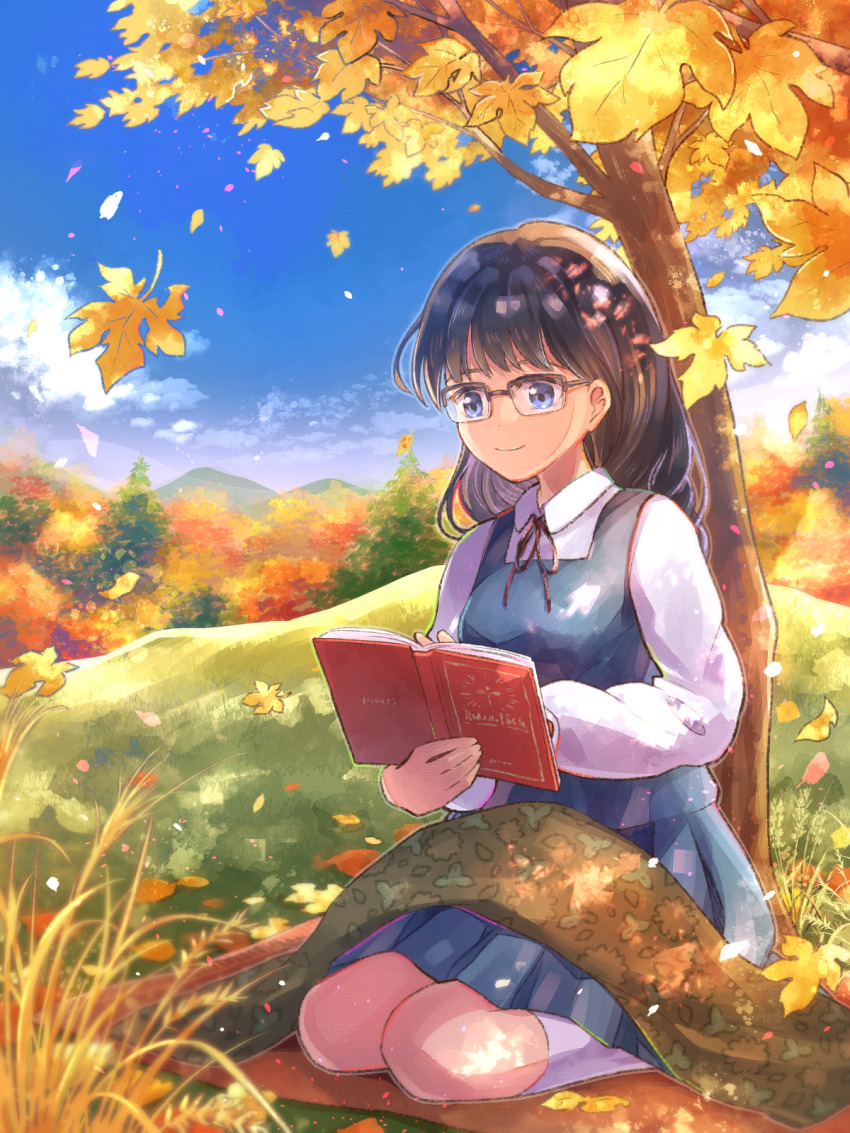 1girl, against_tree, autumn, autumn_leaves, backlighting, black-framed_eyewear, black_hair, blue_dress, blue_eyes, blue_sky, blunt_bangs, bokujou_monogatari, bokujou_monogatari:_mineral_town_no_nakama_tachi, book, braid, closed_mouth, cloud, dappled_sunlight, day, dress, falling_leaves, forest, full_body, glasses, grass, highres, hina_cassiopeia, holding, holding_book, leaf, light_particles, light_rays, long_hair, long_sleeves, low-braided_long_hair, low-tied_long_hair, maria_(bokujou_monogatari), mountainous_horizon, nature, neck_ribbon, on_blanket, outdoors, peter_pan_collar, pinafore_dress, pleated_dress, puffy_long_sleeves, puffy_sleeves, reading, rectangular_eyewear, ribbon, scenery, seiza, shirt, short_dress, single_braid, sitting, sky, sleeveless, sleeveless_dress, smile, solo, sunlight, tree, white_shirt