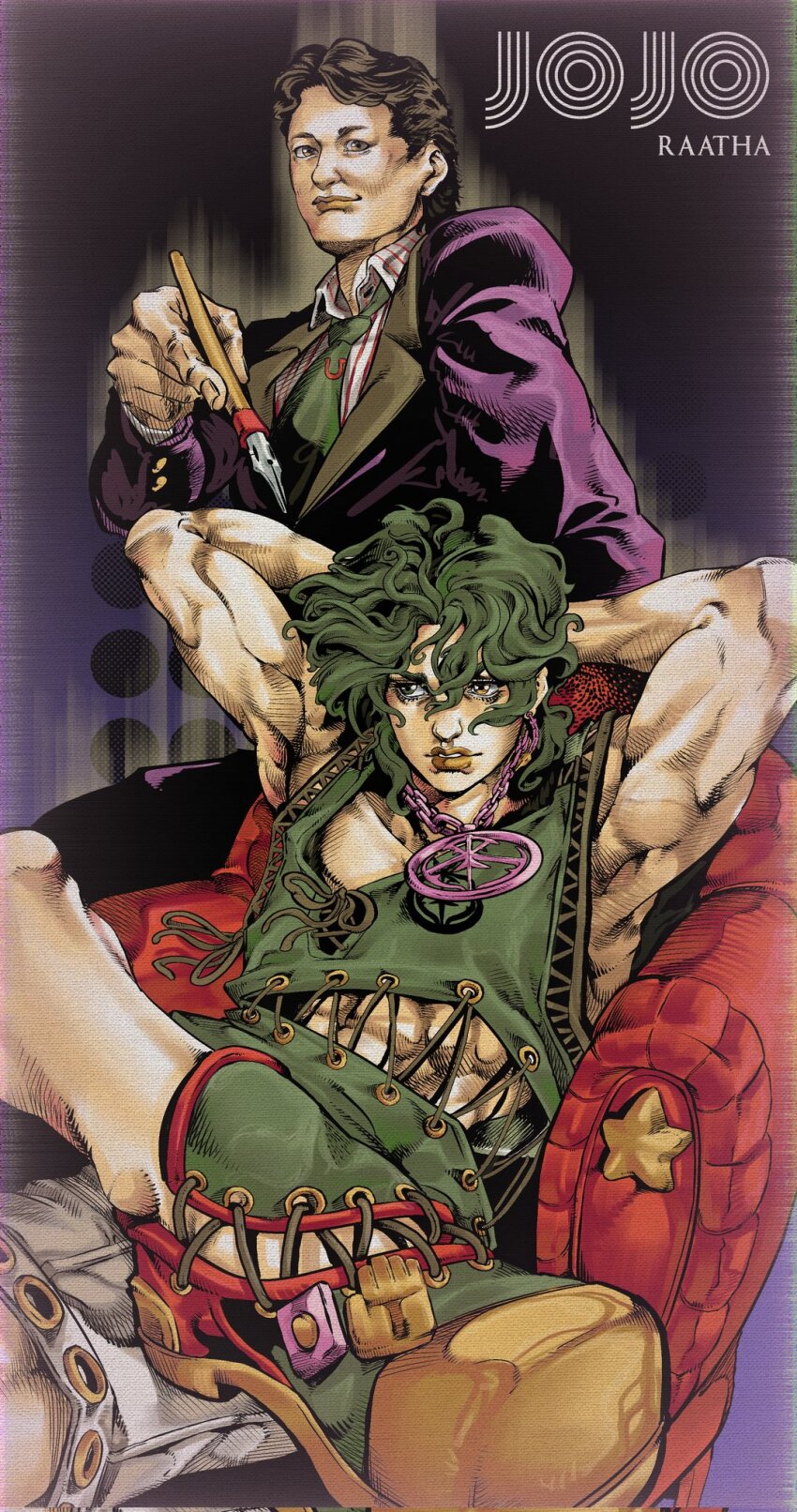 2boys, araki_hirohiko_(person), araki_hirohiko_(style), armpits, arms_behind_head, black_hair, chair, collared_shirt