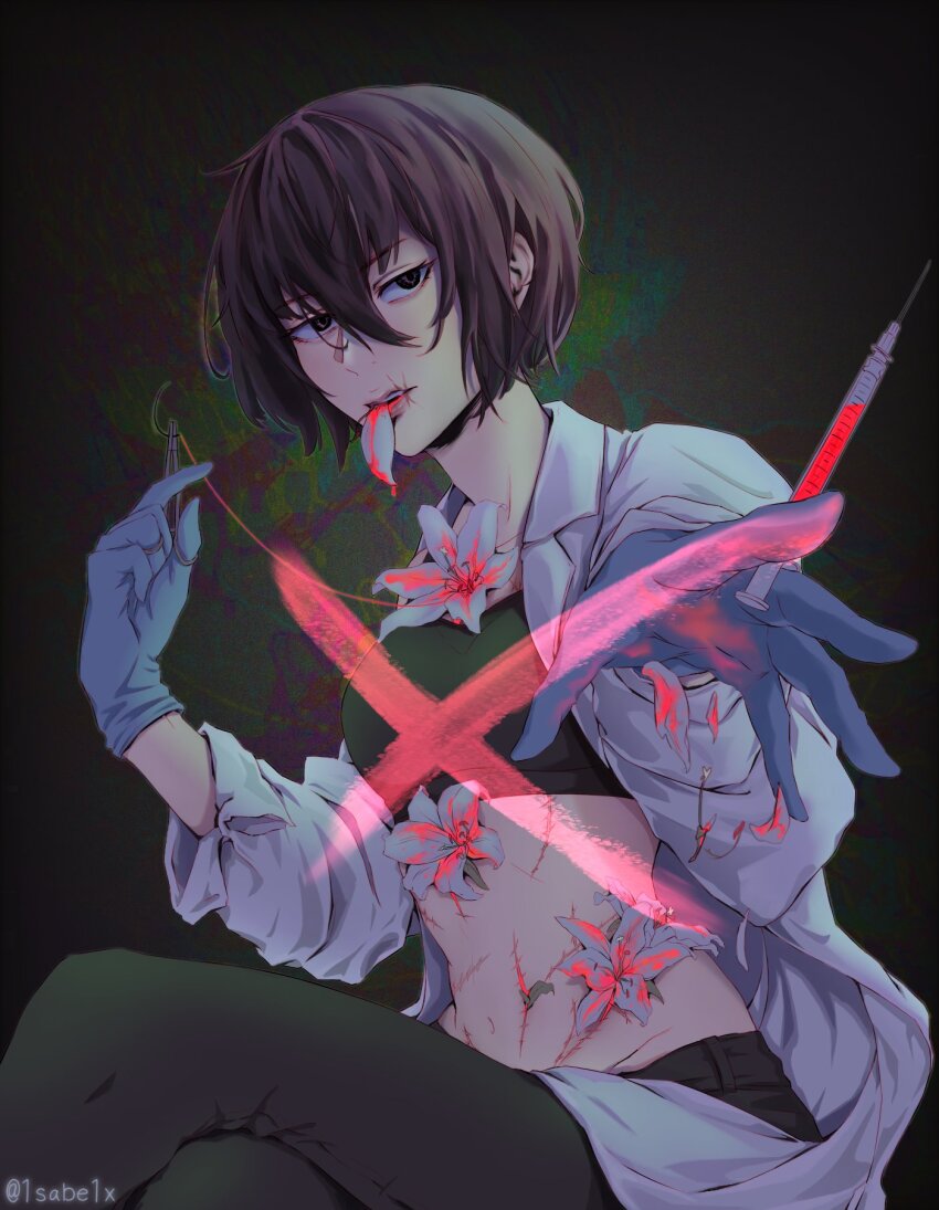 1girl, 1sabe1x, ante_nora, belt, black_eyes, blood, blood_on_face, blood_on_mouth