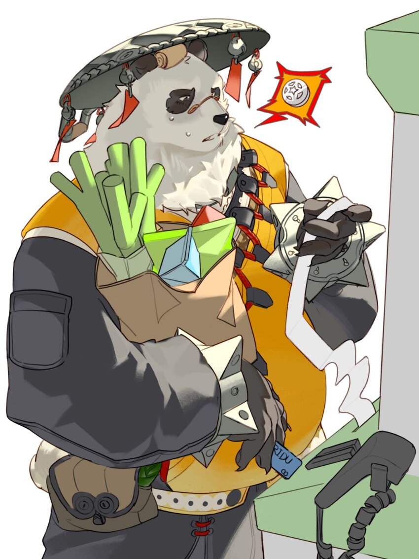 1boy, animal_ears, bag, bara, barcode_scanner, belly, black_fur, black_pants, bracelet, chinese_clothes, chyofurbug, fat, fat_man, food, food_on_head, furry, furry_male, hashtag-only_commentary, highres, holding, holding_bag, jewelry, looking_at_object, male_focus, multicolored_fur, object_on_head, pan_yinhu, panda_boy, panda_ears, pants, paper_bag, receipt, round_eyewear, shirt, speech_bubble, spiked_bracelet, spikes, spoken_object, spring_onion, sweatdrop, white_background, white_fur, wok, yellow_shirt, zenless_zone_zero