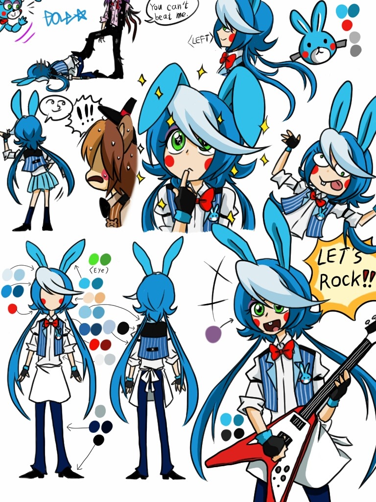 1girl, 2boys, animal_ears, bad_id, bad_tumblr_id, black_gloves, blue_pants, blue_skirt, blue_vest, bonnie_(fnaf), bonnie_(withered)_(fnaf), bow, bowtie, commentary, electric_guitar, english_commentary, fingerless_gloves, five_nights_at_freddy's, five_nights_at_freddy's_2, floppy_ears, gloves, guitar, hands_up, holding, holding_guitar, holding_instrument, instrument, long_sleeves, low_ponytail, multicolored_hair, multiple_boys, open_mouth, pants, personification, pleated_skirt, pole-bear, ponytail, rabbit_ears, red_bow, red_bowtie, shirt, simple_background, skirt, smile, sparkle, streaked_hair, toy_bonnie, toy_freddy, vest, white_background, white_shirt