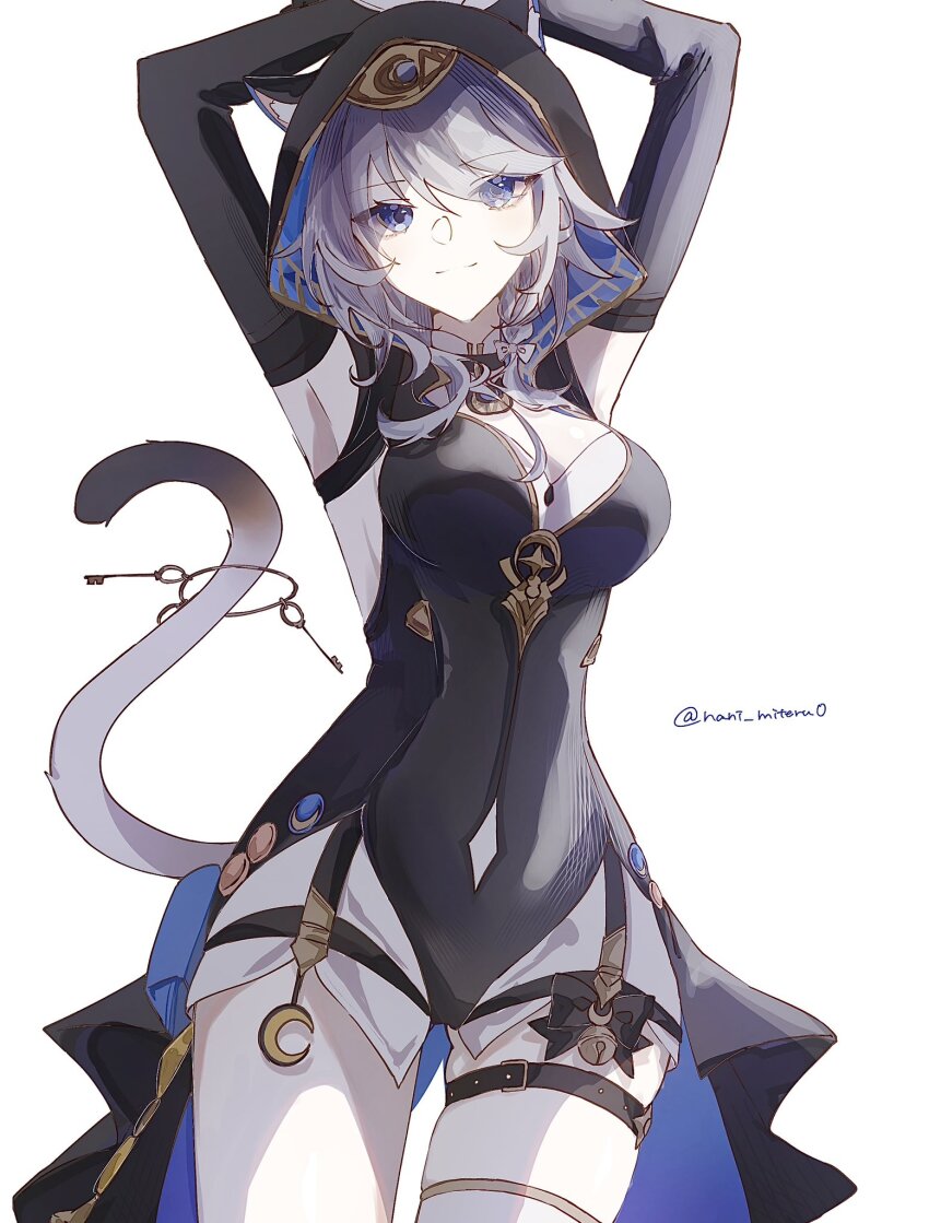 1girl, animal_ear_fluff, animal_ears, animal_hood, armpits, arms_up, belt, black_leotard, blue_eyes, breasts, cat_ears, cat_girl, cat_hood, cat_tail, cipher_(honkai:_star_rail), grey_hair, hashtag-only_commentary, highres, holding, holding_with_tail, honkai:_star_rail, honkai_(series), hood, hooded_leotard, key, large_breasts, leotard, looking_at_viewer, nani_miteru0, prehensile_tail, short_hair_with_long_locks, simple_background, smile, solo, tail, thigh_belt, thigh_strap, thighs, twitter_username, white_background