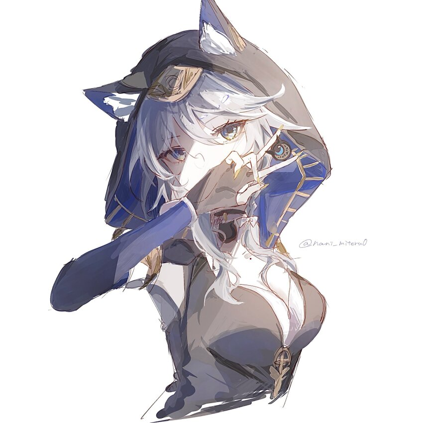 animal_ear_fluff, animal_ears, animal_hood, black_gloves, blue_eyes, breasts, cat_ears, cat_girl, cat_hood, cipher_(honkai:_star_rail), cleavage, coin, cropped_torso, fingerless_gloves, gloves, grey_hair, hashtag-only_commentary, highres, holding, holding_coin, honkai:_star_rail, honkai_(series), hood, large_breasts, nani_miteru0, short_hair_with_long_locks, simple_background, twitter_username, white_background