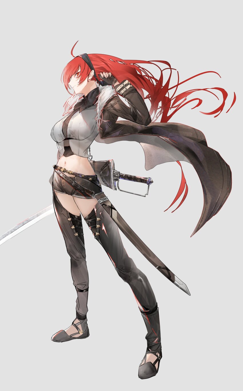 1girl, absurdres, belt, black_belt, black_collar, black_gloves, black_hairband, black_jacket, black_leg_warmers, black_shoes, breasts, closed_mouth, clothing_cutout, collar, crop_top, eris_greyrat, fingerless_gloves, full_body, fur-trimmed_jacket, fur_trim, gloves, hairband, hand_up, high_collar, highres, holding, holding_sword, holding_weapon, jacket, large_breasts, leg_warmers, long_hair, long_sleeves, looking_at_viewer, midriff, milbi, mushoku_tensei, navel, open_clothes, open_jacket, red_eyes, red_hair, sheath, sheathed, shirt, shoes, short_shorts, shorts, simple_background, solo, standing, sword, sword_on_back, thigh_cutout, thighs, unsheathed, weapon, weapon_on_back, white_shirt