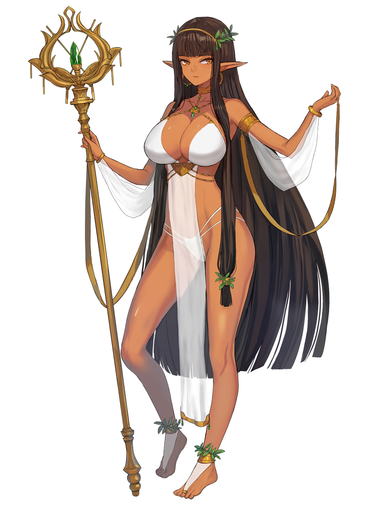 1girl, armlet, barefoot, black_hair, blunt_bangs, bracelet, breasts, brown_eyes, cleavage, dairoku_ryouhei, dark-skinned_female, dark_skin, elf, full_body, hilde_eberwein, holding, holding_staff, jewelry, kishiba_yuusuke, large_breasts, long_hair, pointy_ears, solo, staff, standing, tan, transparent_background, very_long_hair