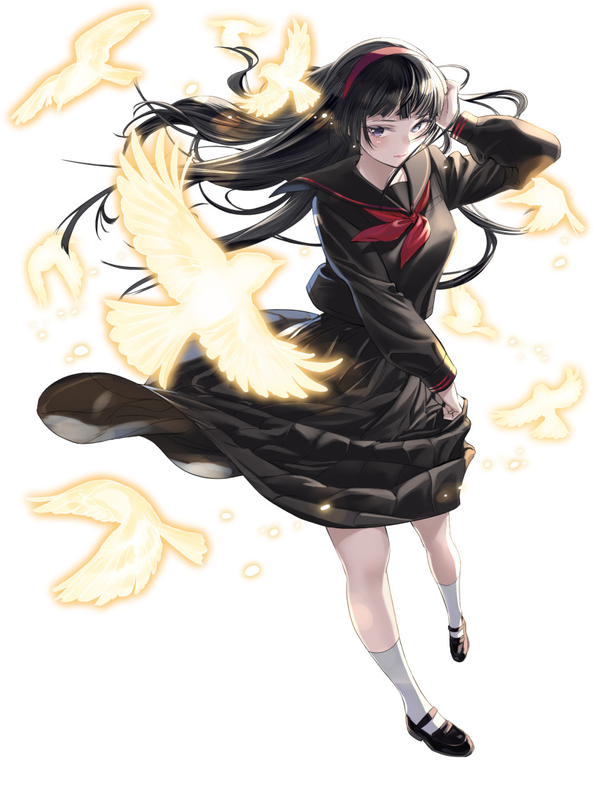 1girl, arm_up, bird, black_hair, black_sailor_collar, black_serafuku, black_shirt, black_shoes, black_skirt, dairoku_ryouhei, full_body, hairband, highres, jinno_shino, long_sleeves, neckerchief, red_hairband, red_neckerchief, sailor_collar, sawada2, school_uniform, serafuku, shirt, shoes, skirt, socks, solo, standing, transparent_background, white_socks