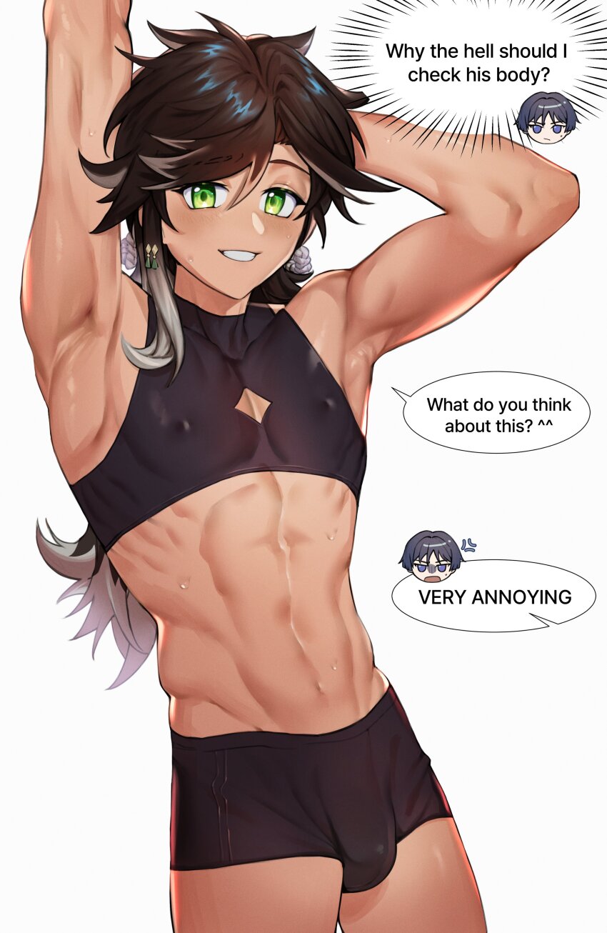 absurdres, arm_behind_head, armpits, arms_up, bana_gameg, black_male_underwear, black_shirt, brown_hair