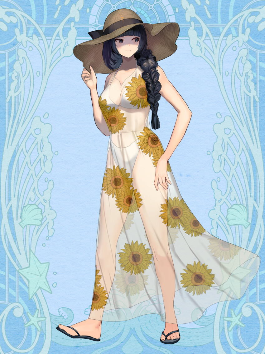 1girl, black_eyes, black_hair, blue_background, blunt_bangs, braid, breasts, brown_hair