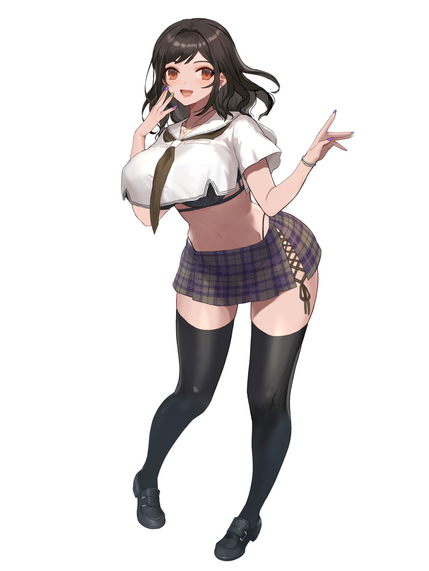 1girl, :d, black_hair, black_shoes, black_thighhighs, bra, bracelet, breasts