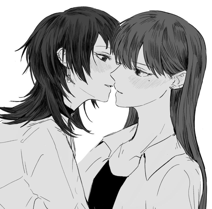 2girls, bang_dream!, bang_dream!_it's_mygo!!!!!, blush, choker, closed_mouth, collared_shirt, ear_blush, earrings, eye_contact, greyscale, highres, imminent_kiss, jewelry, long_hair, looking_at_another, mole, mole_under_eye, monochrome, multiple_girls, open_clothes, open_shirt, parted_lips, shiina_taki, shirt, yahata_umiri, youshuki, yuri