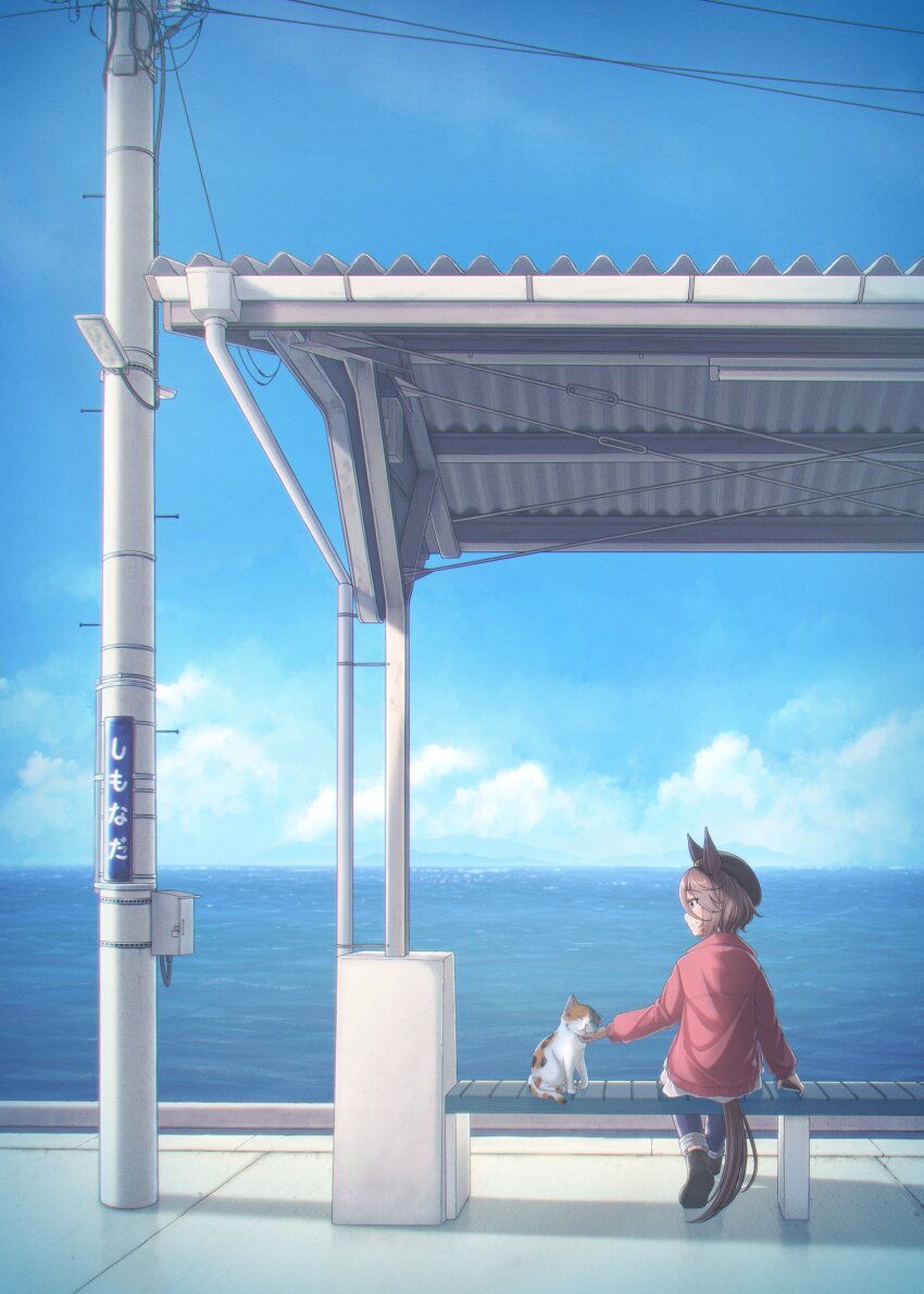 1girl, absurdres, animal_ears, blue_sky, blush, calico_(pattern), calico_cat, cat, cellphone, cloud, cloudy_sky, commentary_request, day, hat, highres, horse_ears, horse_girl, horse_tail, jacket, momi_(tomoshibi_shingoujou), narita_taishin_(umamusume), ocean, outdoors, petting, phone, profile, red_jacket, short_hair, sitting, sky, smartphone, smile, solo, tail, train_station_platform, umamusume, wide_shot
