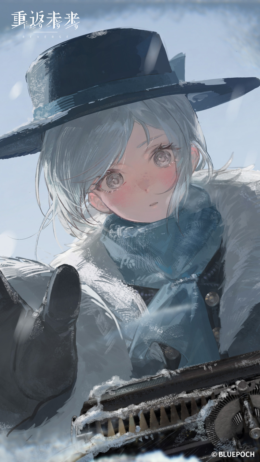 1girl, absurdres, black_coat, black_gloves, black_hat, blue_scarf, blue_sky, boater_hat