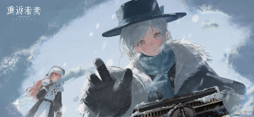 2girls, black_coat, black_gloves, black_hat, blue_scarf, blue_sky, boater_hat, brown_coat